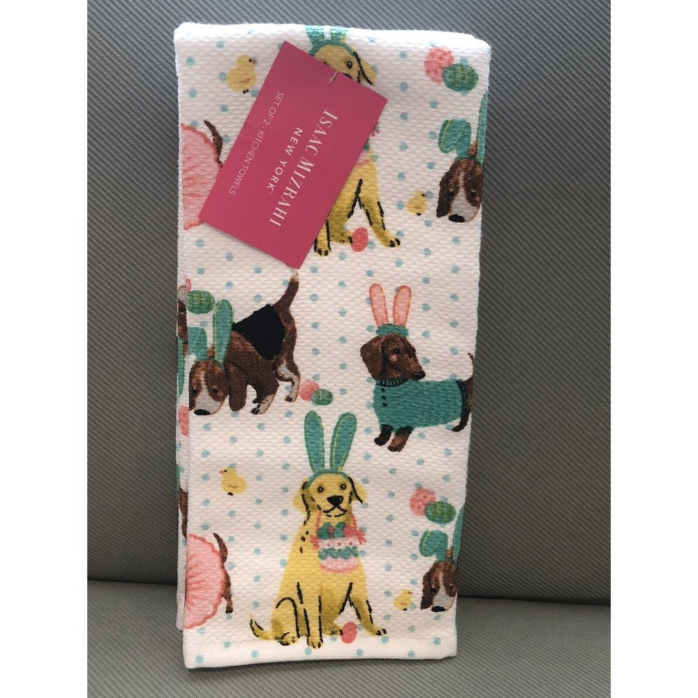 New Isaac Mizrahi Easter Kitchen Hand Towels Dogs/Puppies Dressed Up Cotton 2 PC